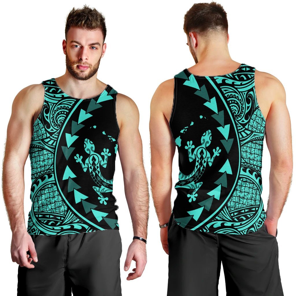 Hawaiian Map Gecko Tattoo Kakau Polynesian Tank Top Turquoise AH - Polynesian Pride