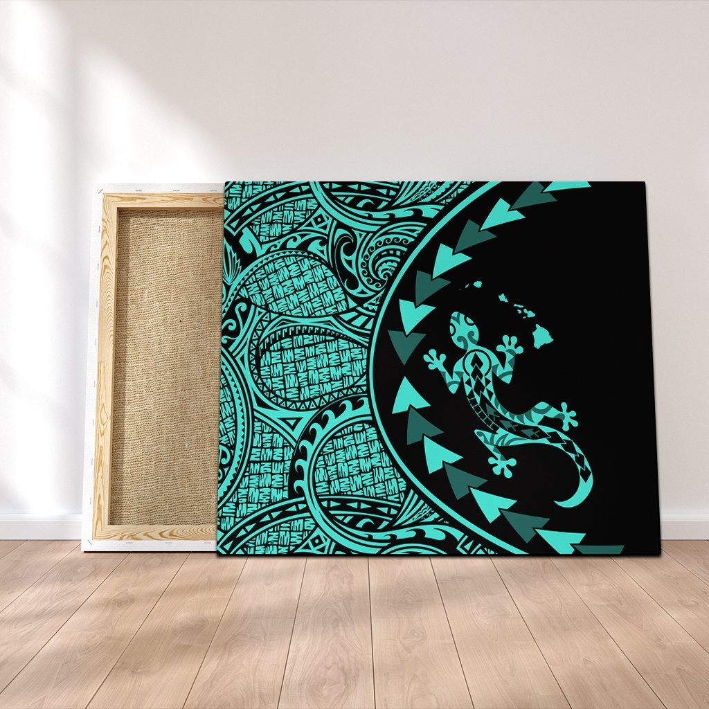 Hawaiian Map Gecko Tattoo Kakau Polynesian Canvas Turquoise AH Canvas Poly-cotton - Polynesian Pride