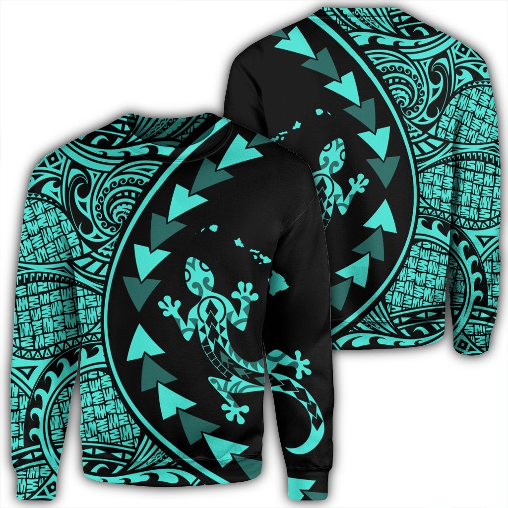 Hawaiian Map Gecko Tattoo Kakau Polynesian Sweatshirt Turquoise AH Unisex Black - Polynesian Pride