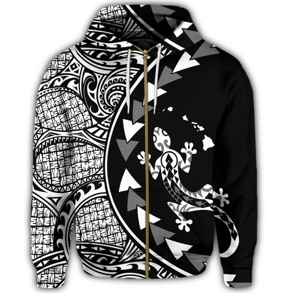 Hawaiian Map Gecko Tattoo Kakau Polynesian Zip Hoodie White - Polynesian Pride