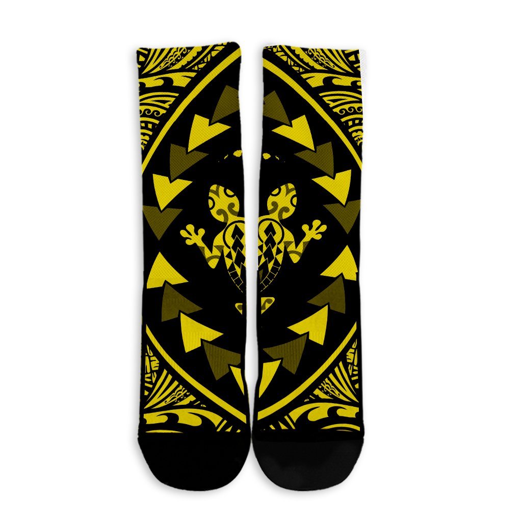 Hawaiian Map Gecko Tattoo Kakau Polynesian Crew Socks Yellow AH - Polynesian Pride