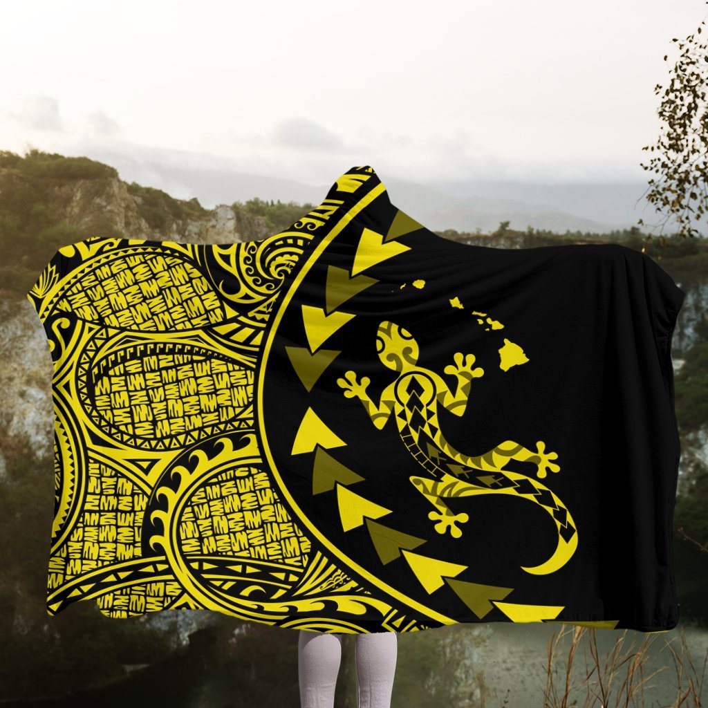 Hawaiian Map Gecko Tattoo Kakau Polynesian Hooded Blanket Yellow AH - Polynesian Pride