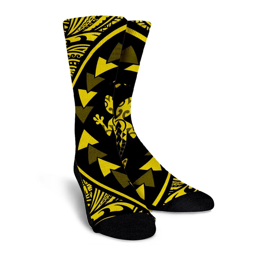 Hawaiian Map Gecko Tattoo Kakau Polynesian Crew Socks Yellow AH - Polynesian Pride