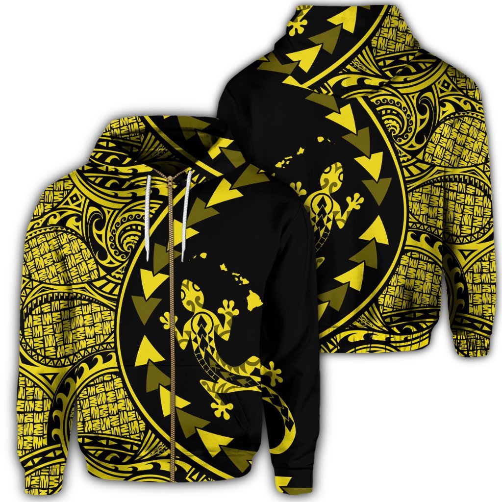 Hawaiian Map Gecko Tattoo Kakau Polynesian Zip Hoodie Yellow Unisex Art - Polynesian Pride
