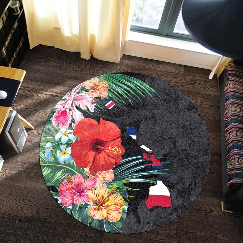Hawaiian Map Hawaii Flag Hibiscus Polynesian Round Carpet AH - Polynesian Pride