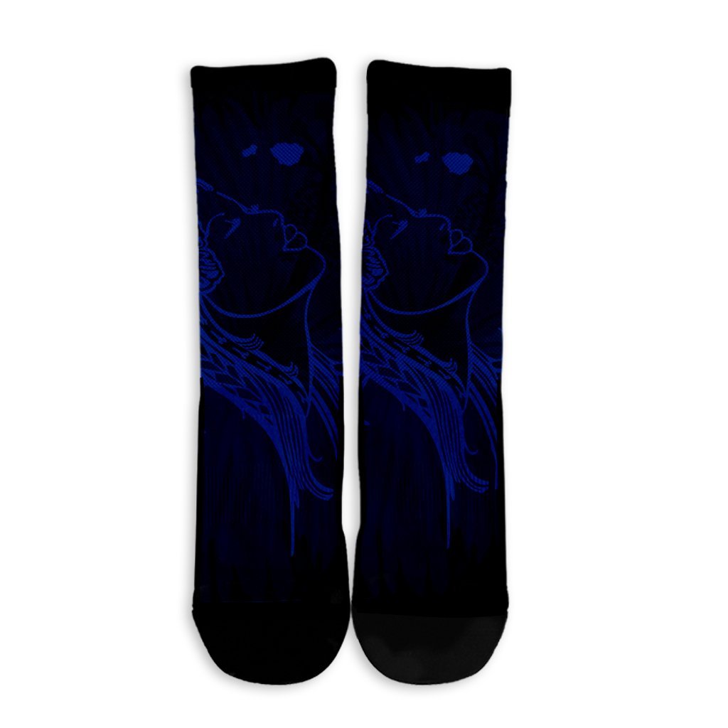 Hawaiian Map Heart Hula Girl Hibiscus Blue Polynesian Crew Socks - AH - Polynesian Pride