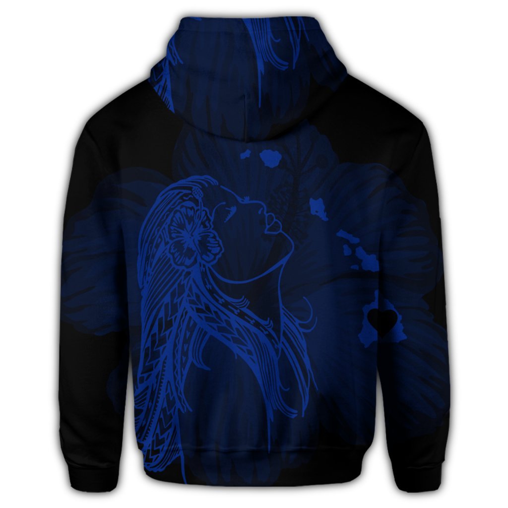 Hawaiian Map Heart Hula Girl Hibiscus Blue Polynesian Zip Hoodie - Polynesian Pride