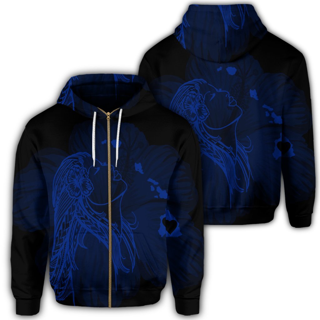 Hawaiian Map Heart Hula Girl Hibiscus Blue Polynesian Zip Hoodie Unisex Art - Polynesian Pride