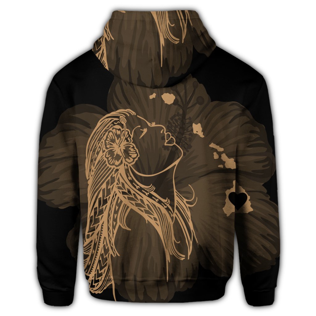 Hawaiian Map Heart Hula Girl Hibiscus Gold Polynesian Zip Hoodie - Polynesian Pride