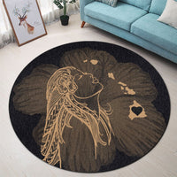 Hawaiian Map Heart Hula Girl Hibiscus Gold Polynesian Round Carpet - AH - Polynesian Pride