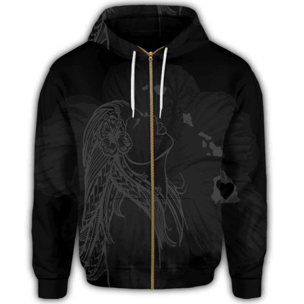 Hawaiian Map Heart Hula Girl Hibiscus Gray Polynesian Zip Hoodie - Polynesian Pride