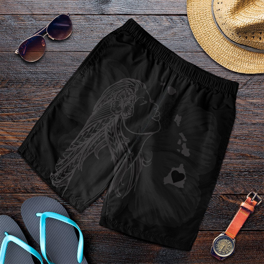 Hawaiian Map Heart Hula Girl Hibiscus Gray Polynesian Men's Shorts - AH Art - Polynesian Pride