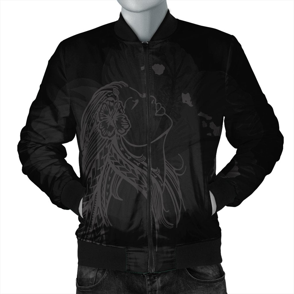 Hawaiian Map Heart Hula Girl Hibiscus Gray Polynesian Bomber Jacket - AH Black Unisex - Polynesian Pride