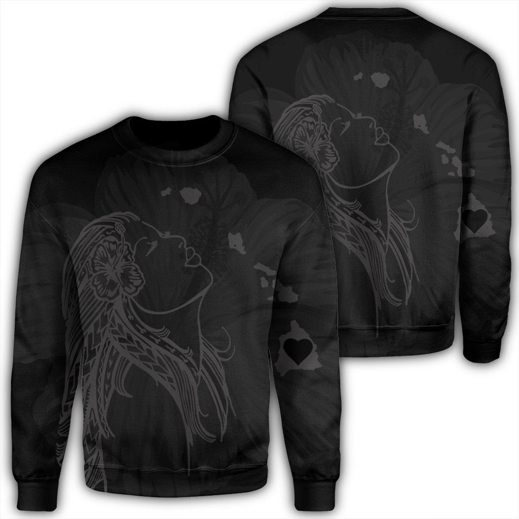 Hawaiian Map Heart Hula Girl Hibiscus Gray Polynesian Sweatshirt - AH Unisex Black - Polynesian Pride