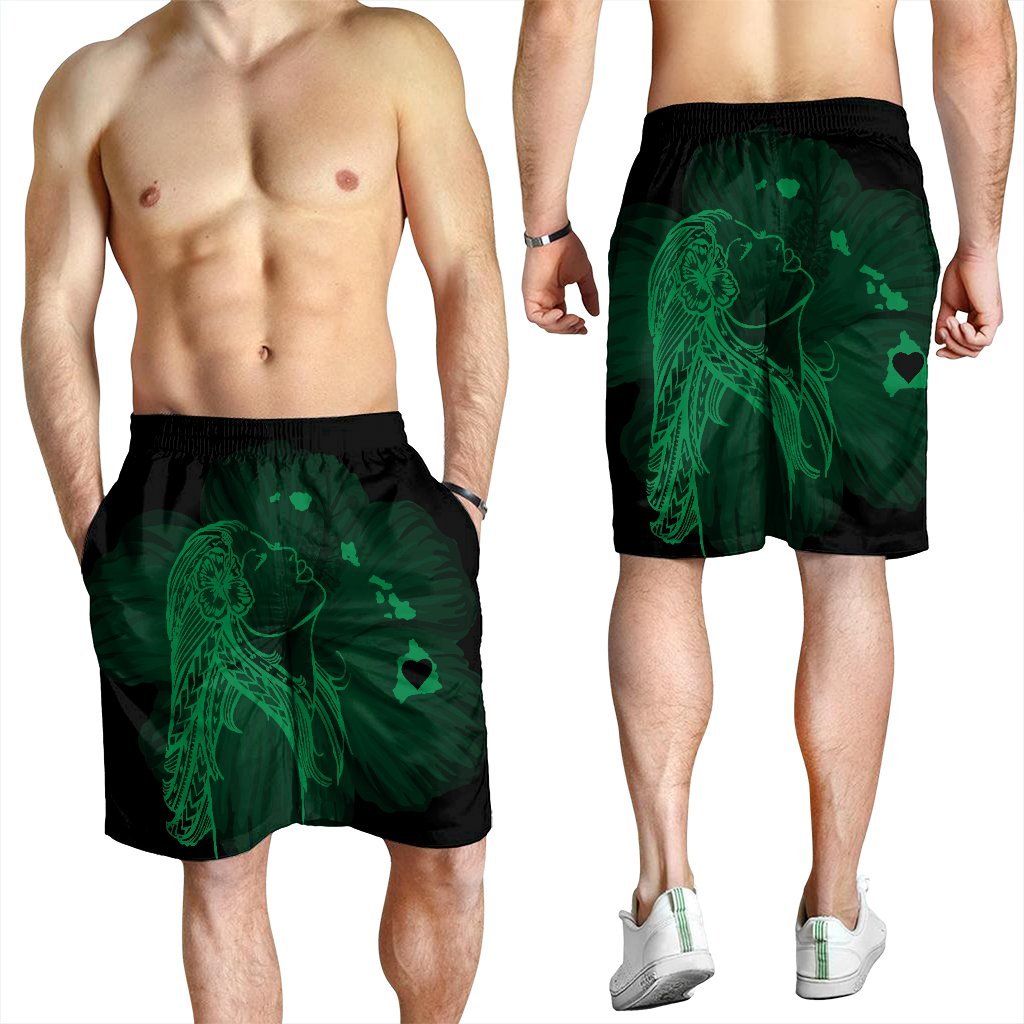 Hawaiian Map Heart Hula Girl Hibiscus Green Polynesian Men's Shorts - AH - Polynesian Pride