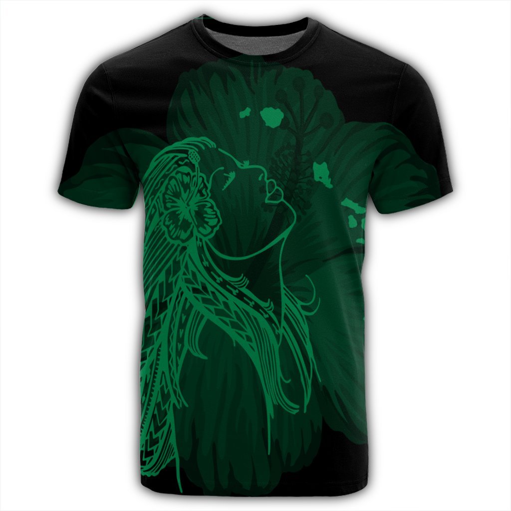 Hawaiian Map Heart Hula Girl Hibiscus Green Polynesian T Shirt - Polynesian Pride