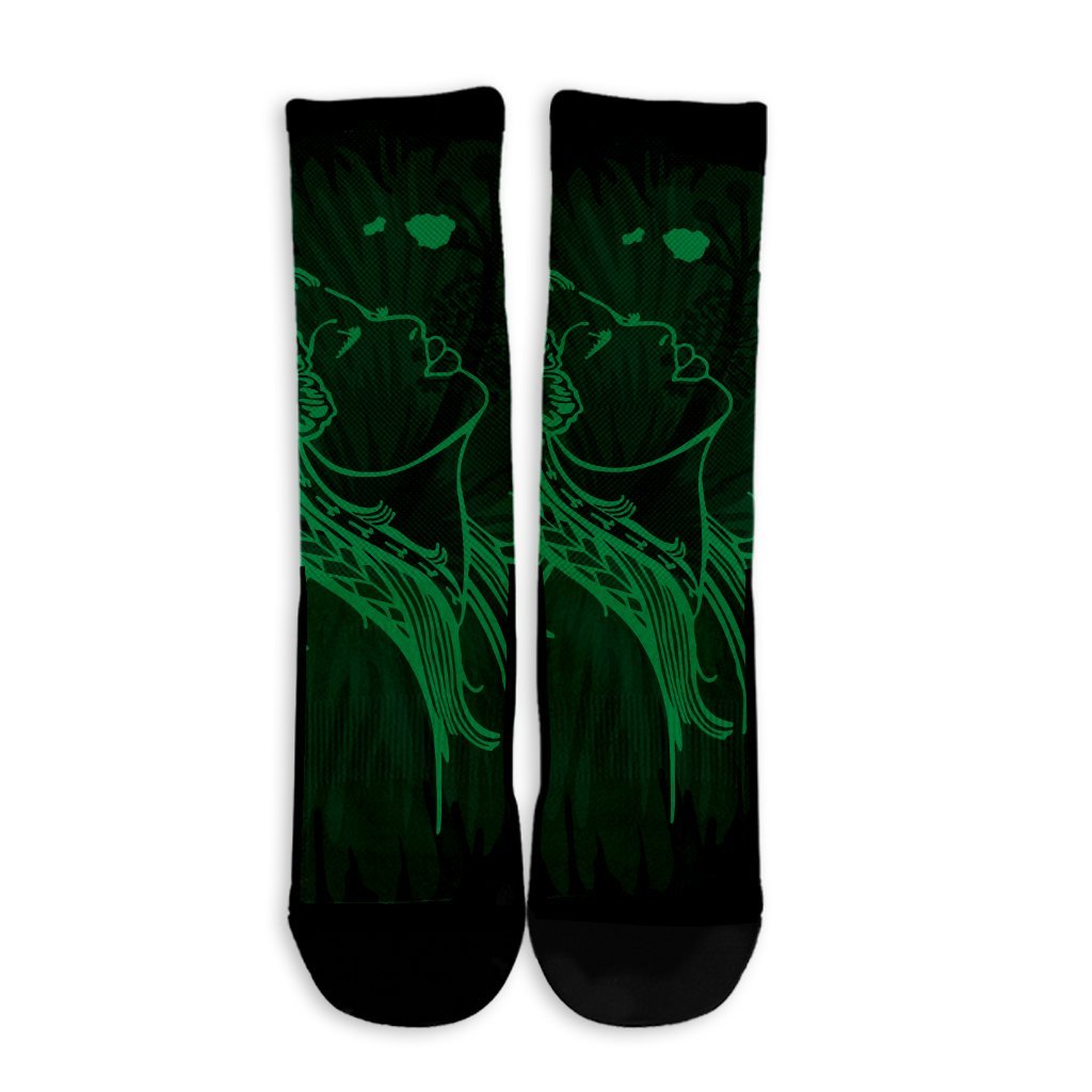 Hawaiian Map Heart Hula Girl Hibiscus Green Polynesian Crew Socks - AH - Polynesian Pride