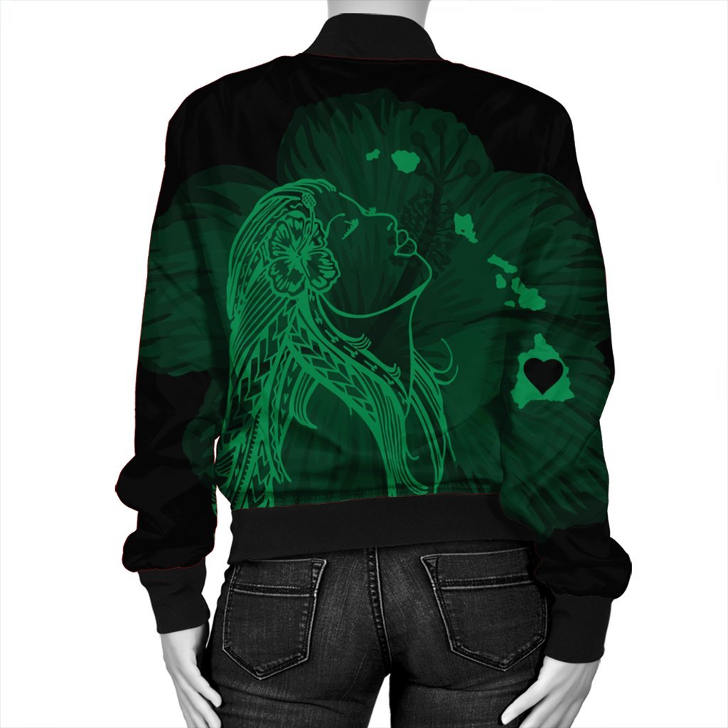 Hawaiian Map Heart Hula Girl Hibiscus Green Polynesian Bomber Jacket - AH - Polynesian Pride