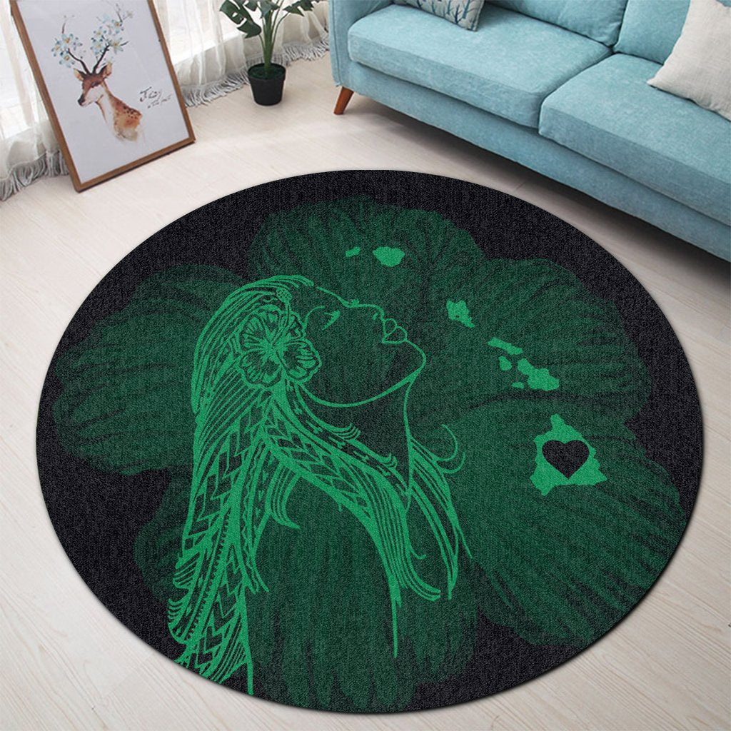 Hawaiian Map Heart Hula Girl Hibiscus Green Polynesian Round Carpet - AH - Polynesian Pride