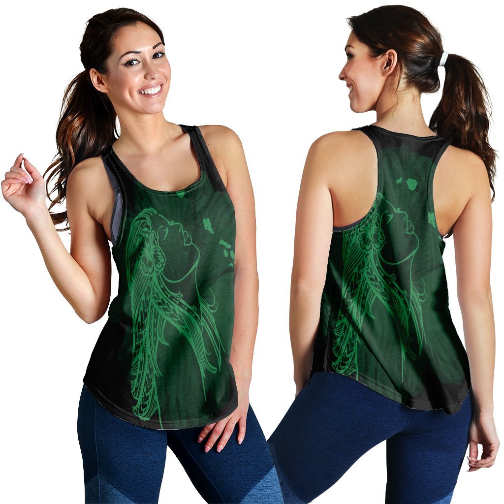 Hawaiian Map Heart Hula Girl Hibiscus Green Polynesian Racerback Tank - AH Black - Polynesian Pride