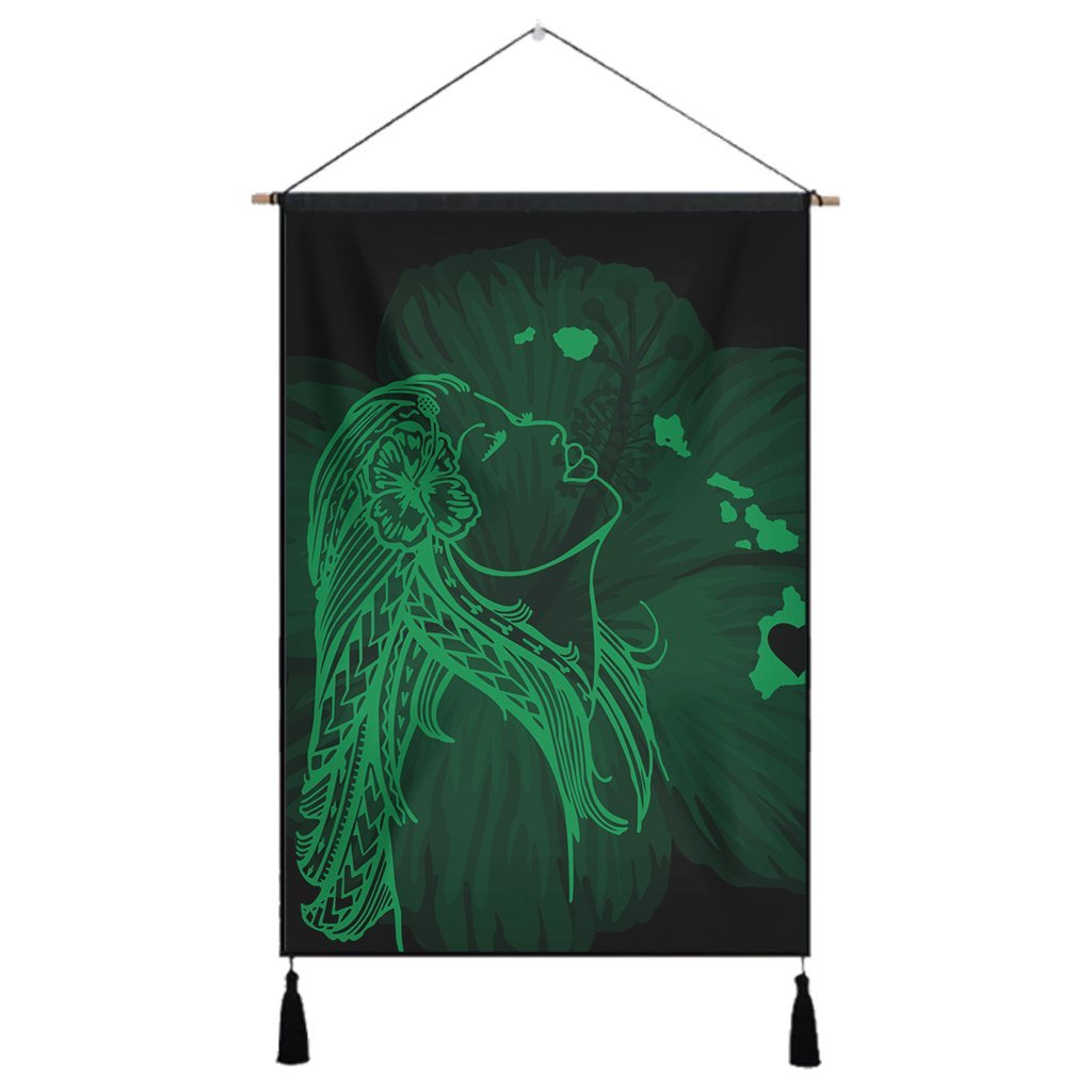 Hawaiian Map Heart Hula Girl Hibiscus Green Polynesian Hanging Poster - AH Hanging Poster Cotton And Linen - Polynesian Pride