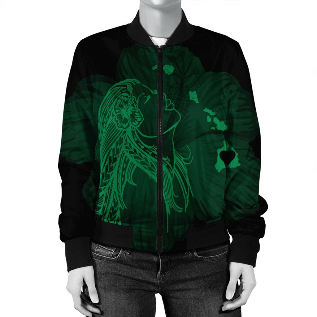 Hawaiian Map Heart Hula Girl Hibiscus Green Polynesian Bomber Jacket - AH - Polynesian Pride