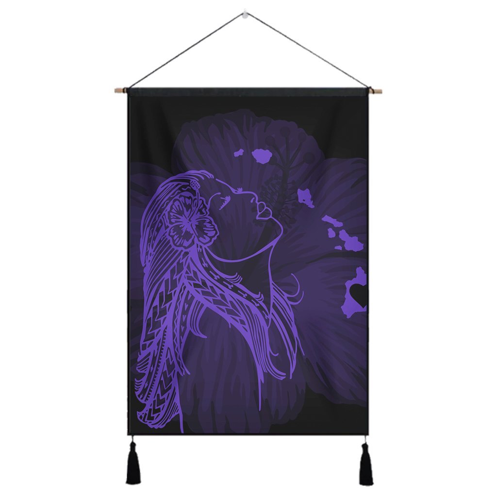 Hawaiian Map Heart Hula Girl Hibiscus Purple Polynesian Hanging Poster - AH Hanging Poster Cotton And Linen - Polynesian Pride