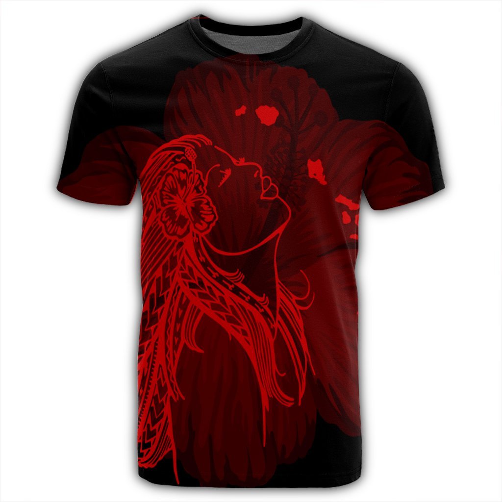 Hawaiian Map Heart Hula Girl Hibiscus Red Polynesian T Shirt - Polynesian Pride