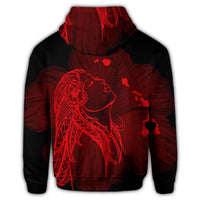 Hawaiian Map Heart Hula Girl Hibiscus Red Polynesian Zip Hoodie - Polynesian Pride