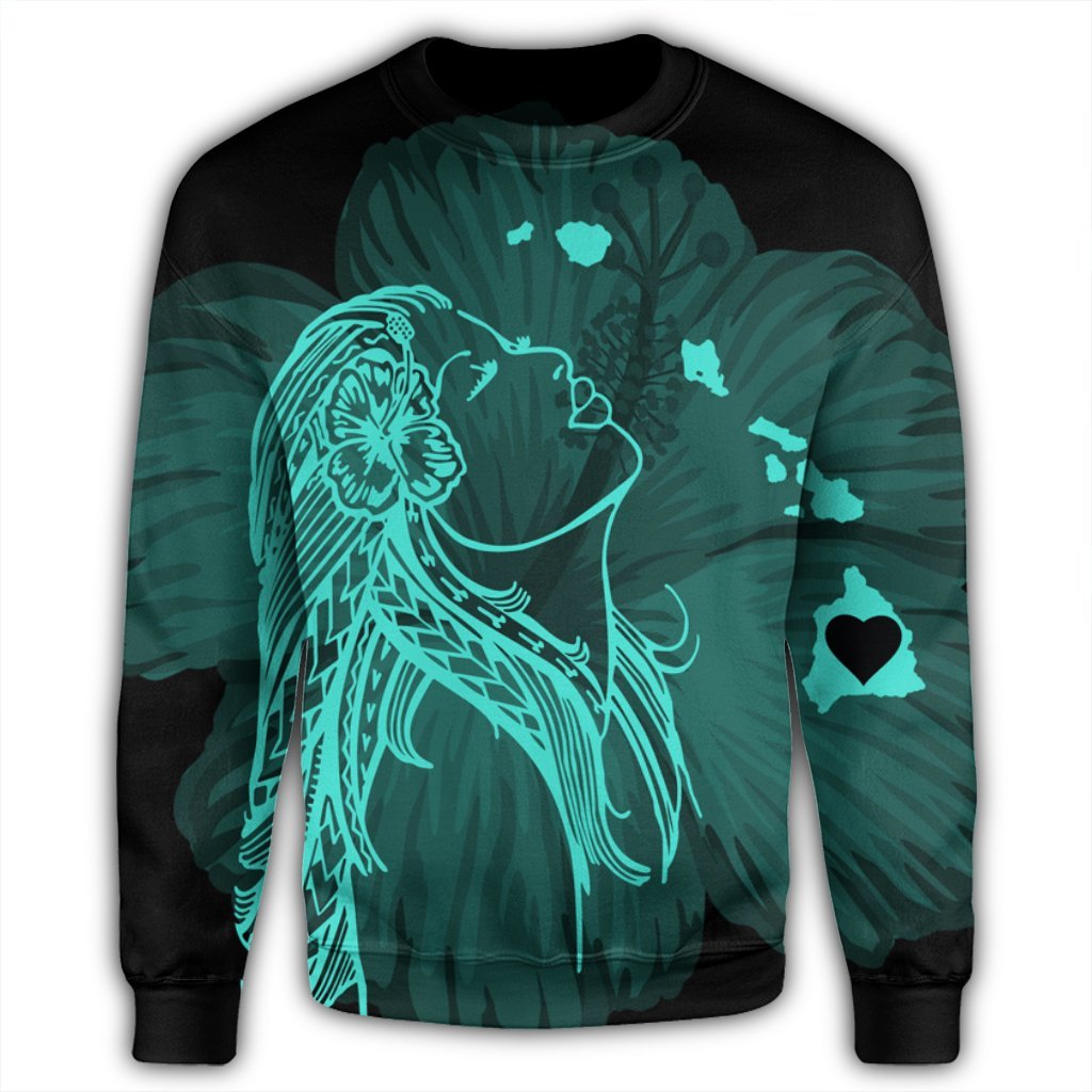 Hawaiian Map Heart Hula Girl Hibiscus Turquoise Polynesian Sweatshirt - AH - Polynesian Pride
