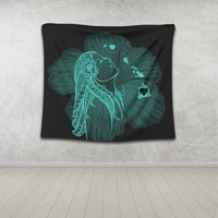 Hawaiian Map Heart Hula Girl Hibiscus Turquoise Polynesian Tapestry - AH - Polynesian Pride