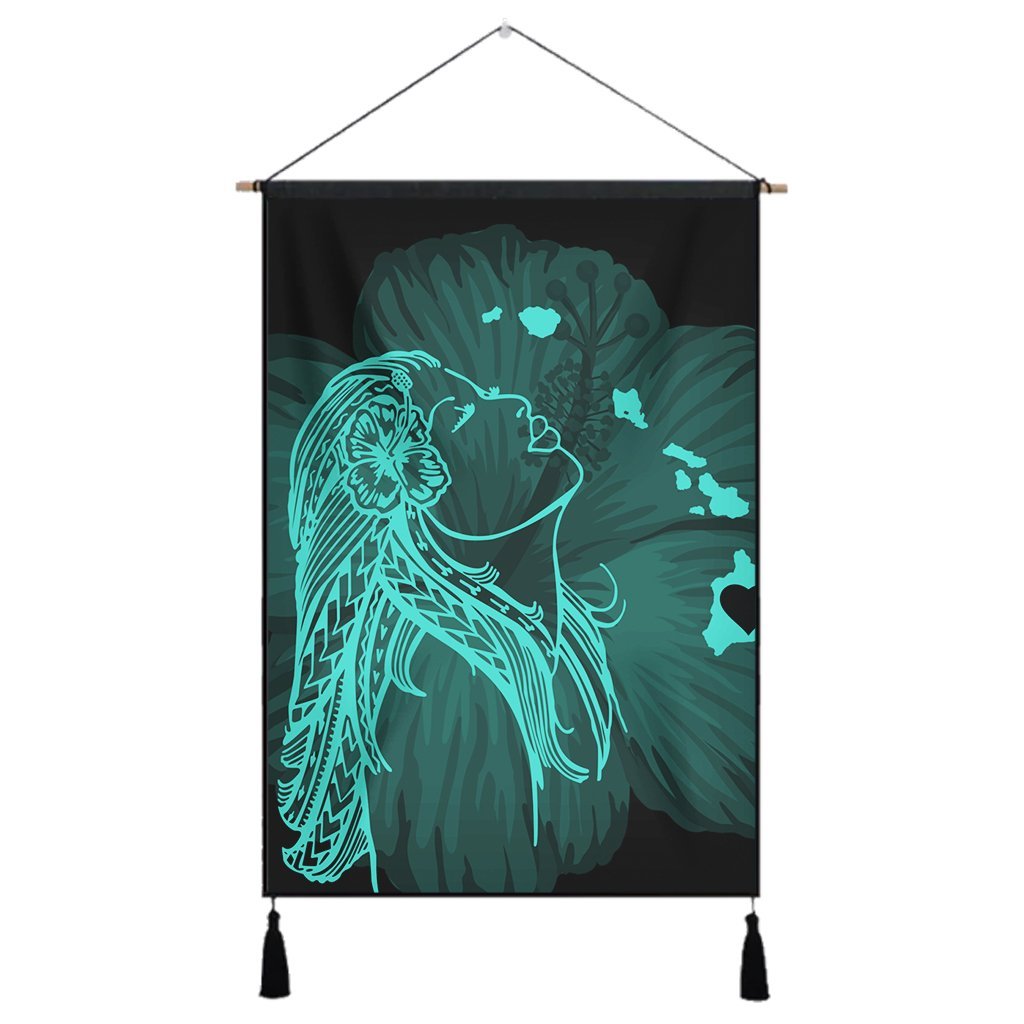 Hawaiian Map Heart Hula Girl Hibiscus Turquoise Polynesian Hanging Poster - AH Hanging Poster Cotton And Linen - Polynesian Pride