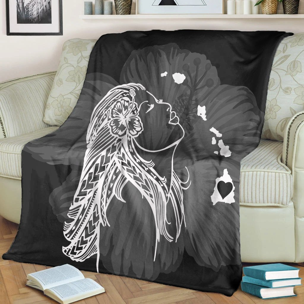 Hawaiian Map Heart Hula Girl Hibiscus White Polynesian Premium Blankets - AH - Polynesian Pride