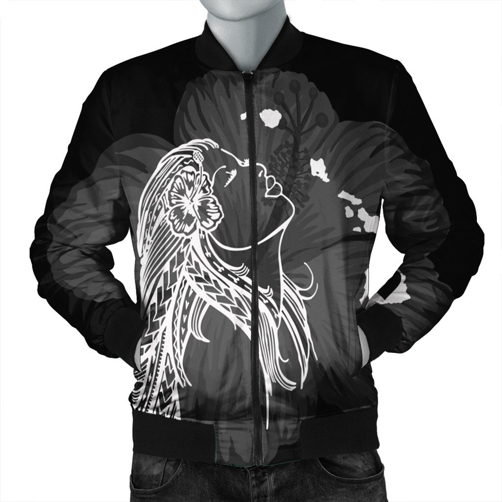Hawaiian Map Heart Hula Girl Hibiscus White Polynesian Bomber Jacket - AH Black Unisex - Polynesian Pride
