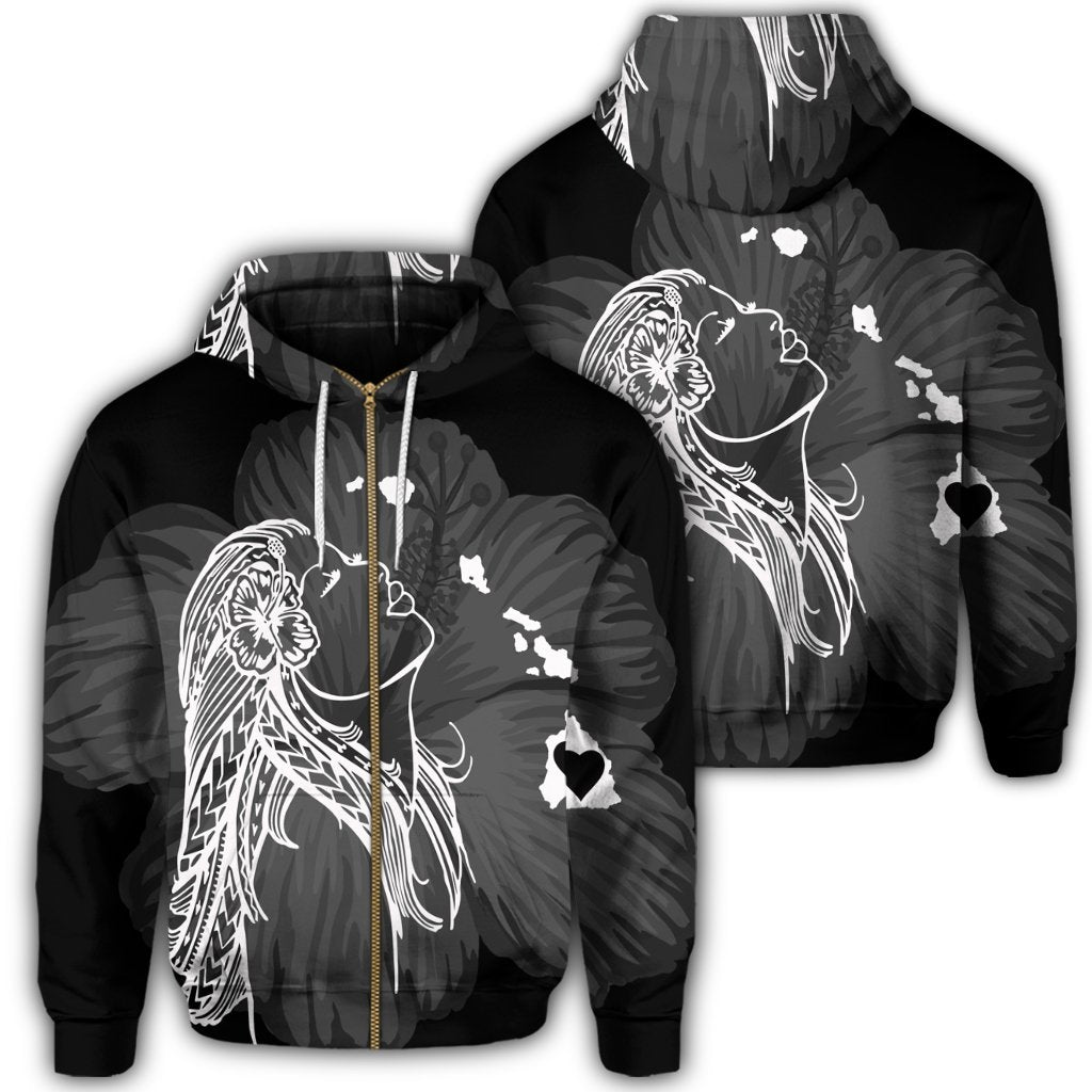 Hawaiian Map Heart Hula Girl Hibiscus White Polynesian Zip Hoodie Unisex Art - Polynesian Pride