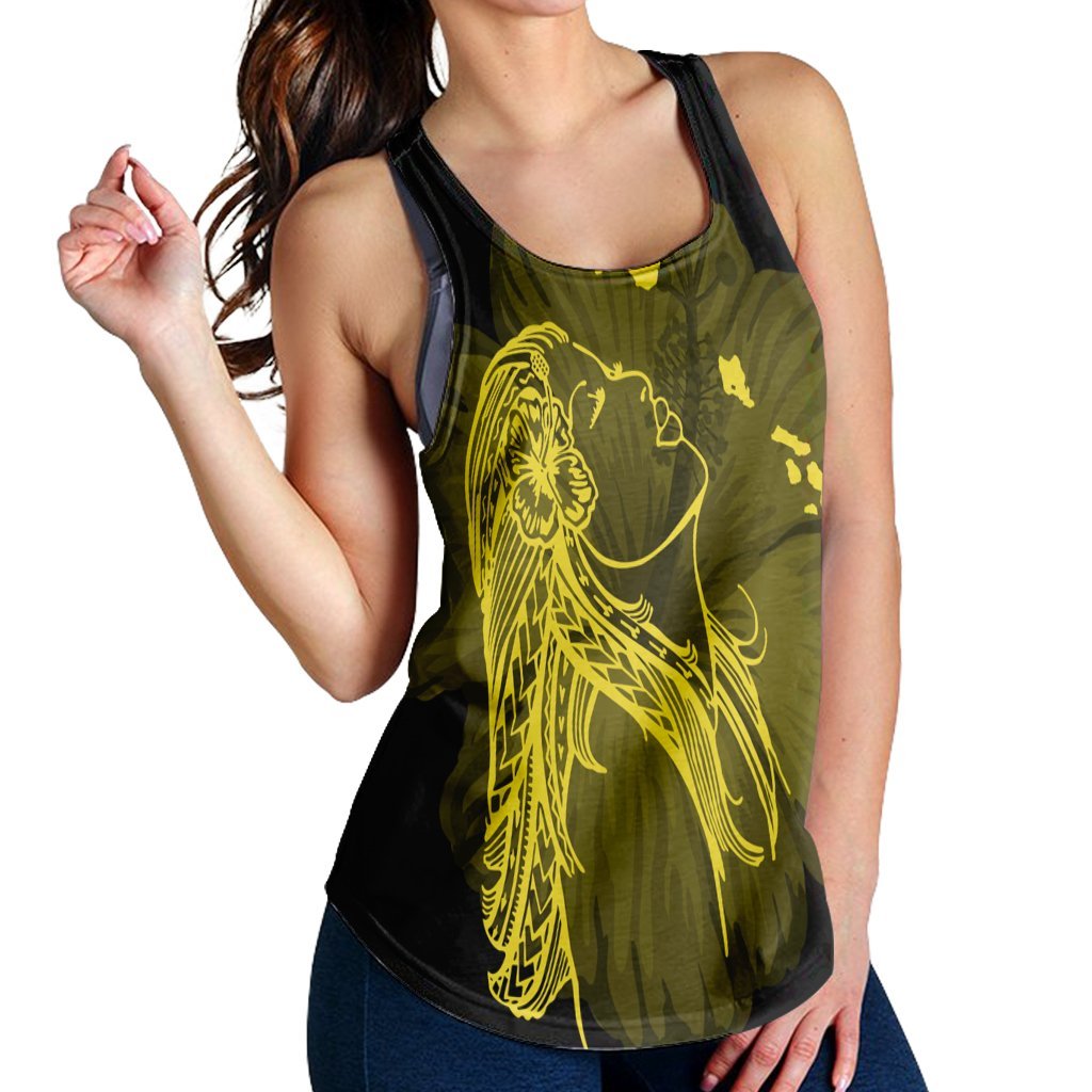 Hawaiian Map Heart Hula Girl Hibiscus Yellow Polynesian Racerback Tank - AH - Polynesian Pride