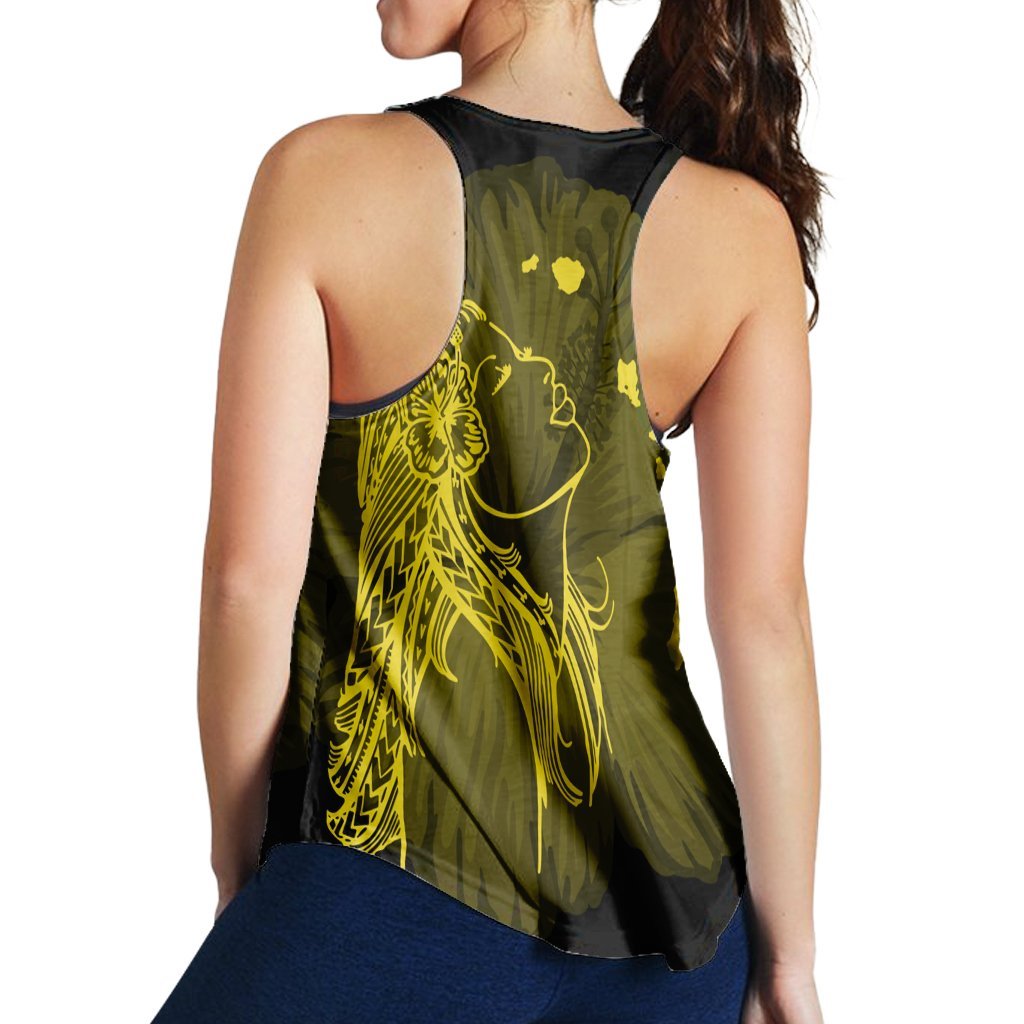 Hawaiian Map Heart Hula Girl Hibiscus Yellow Polynesian Racerback Tank - AH - Polynesian Pride