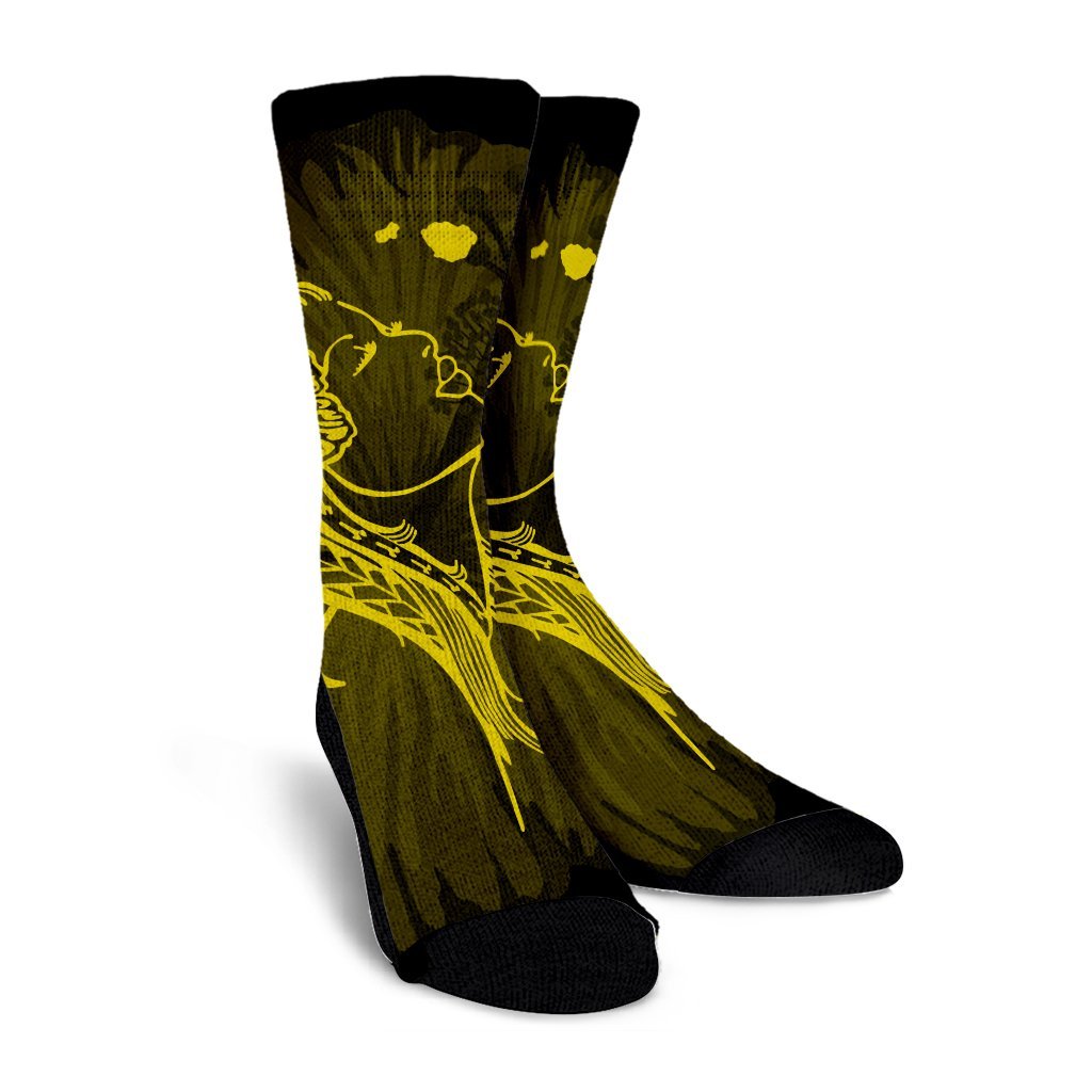 Hawaiian Map Heart Hula Girl Hibiscus Yellow Polynesian Crew Socks - AH - Polynesian Pride