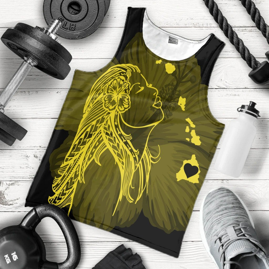 Hawaiian Map Heart Hula Girl Hibiscus Yellow Polynesian Tank Top - AH - Polynesian Pride
