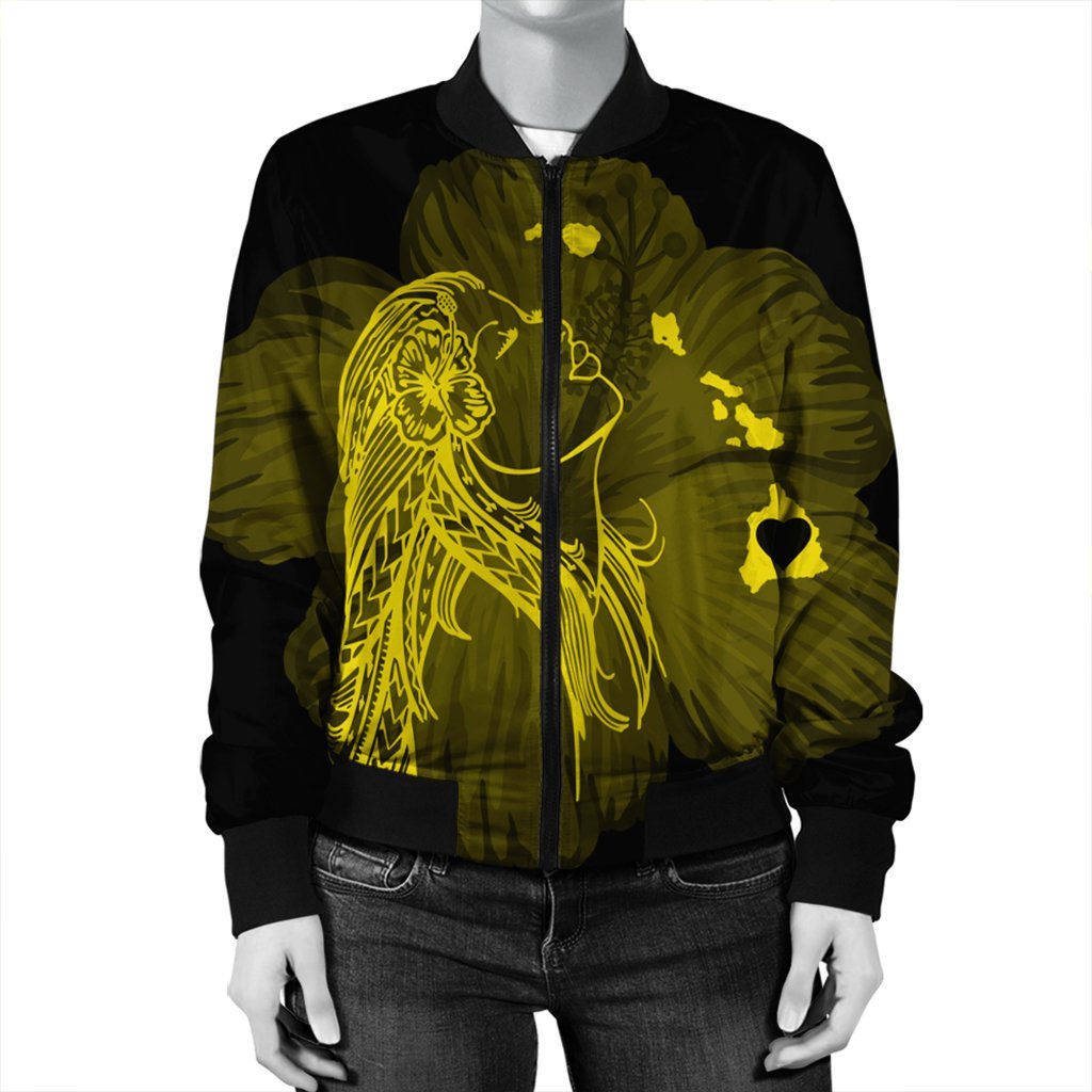 Hawaiian Map Heart Hula Girl Hibiscus Yellow Polynesian Bomber Jacket - AH - Polynesian Pride