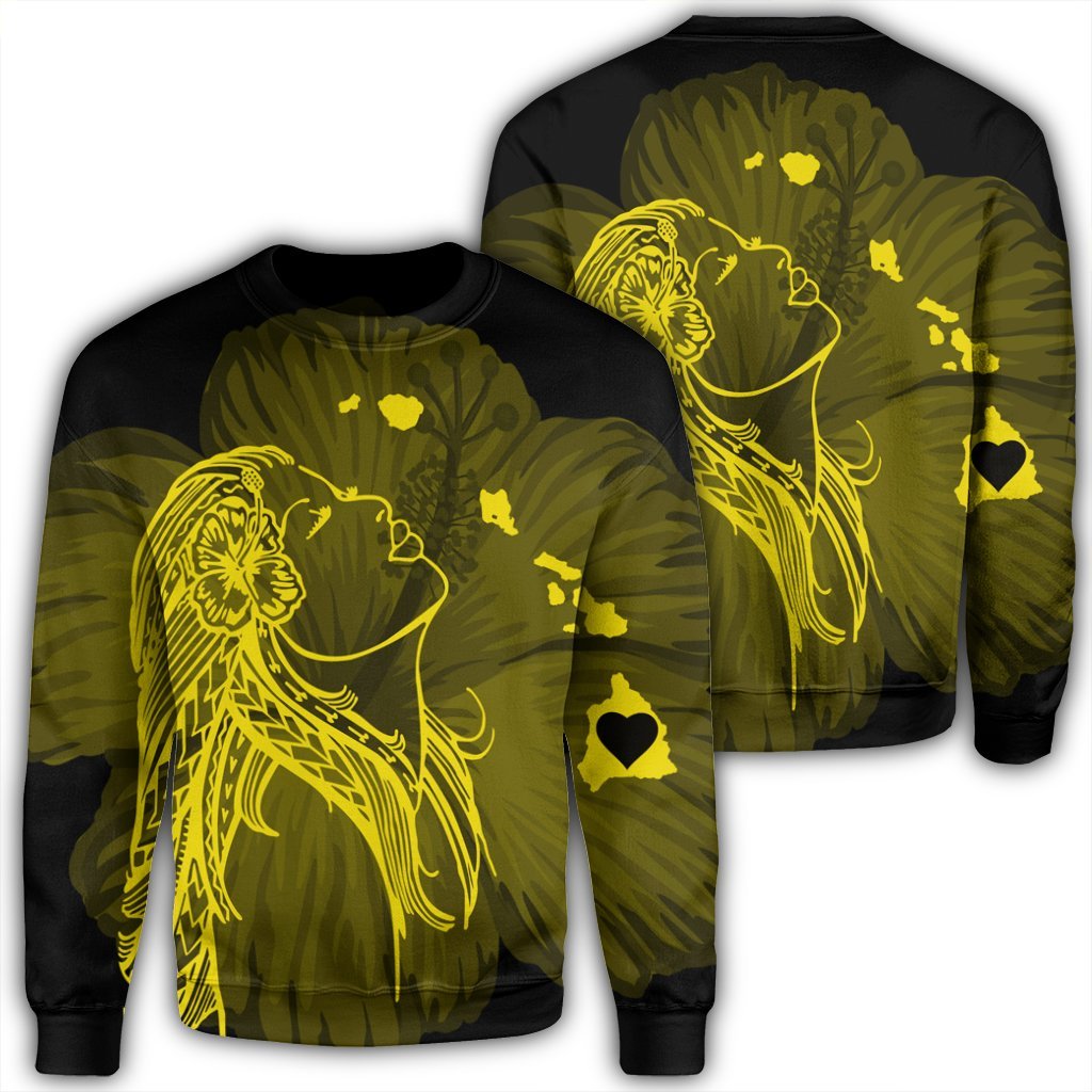Hawaiian Map Heart Hula Girl Hibiscus Yellow Polynesian Sweatshirt - AH Unisex Black - Polynesian Pride