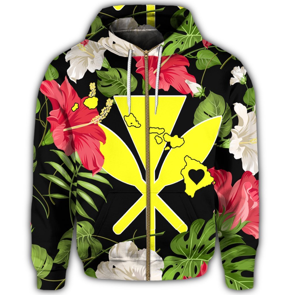 Hawaiian Map Heart Kanaka Hibiscus Polynesian Zip Hoodie - Polynesian Pride