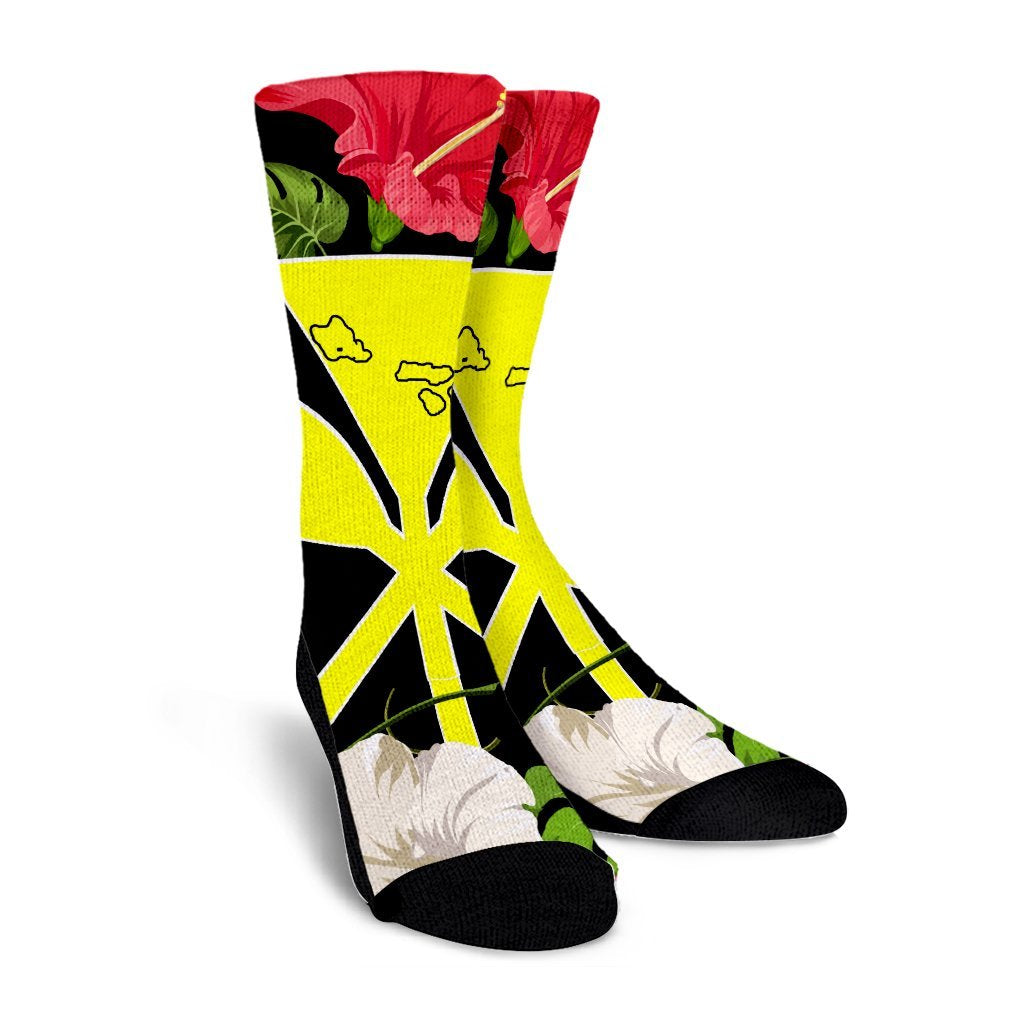 Hawaiian Map Heart Kanaka Hibiscus Polynesian Crew Socks - AH - Polynesian Pride