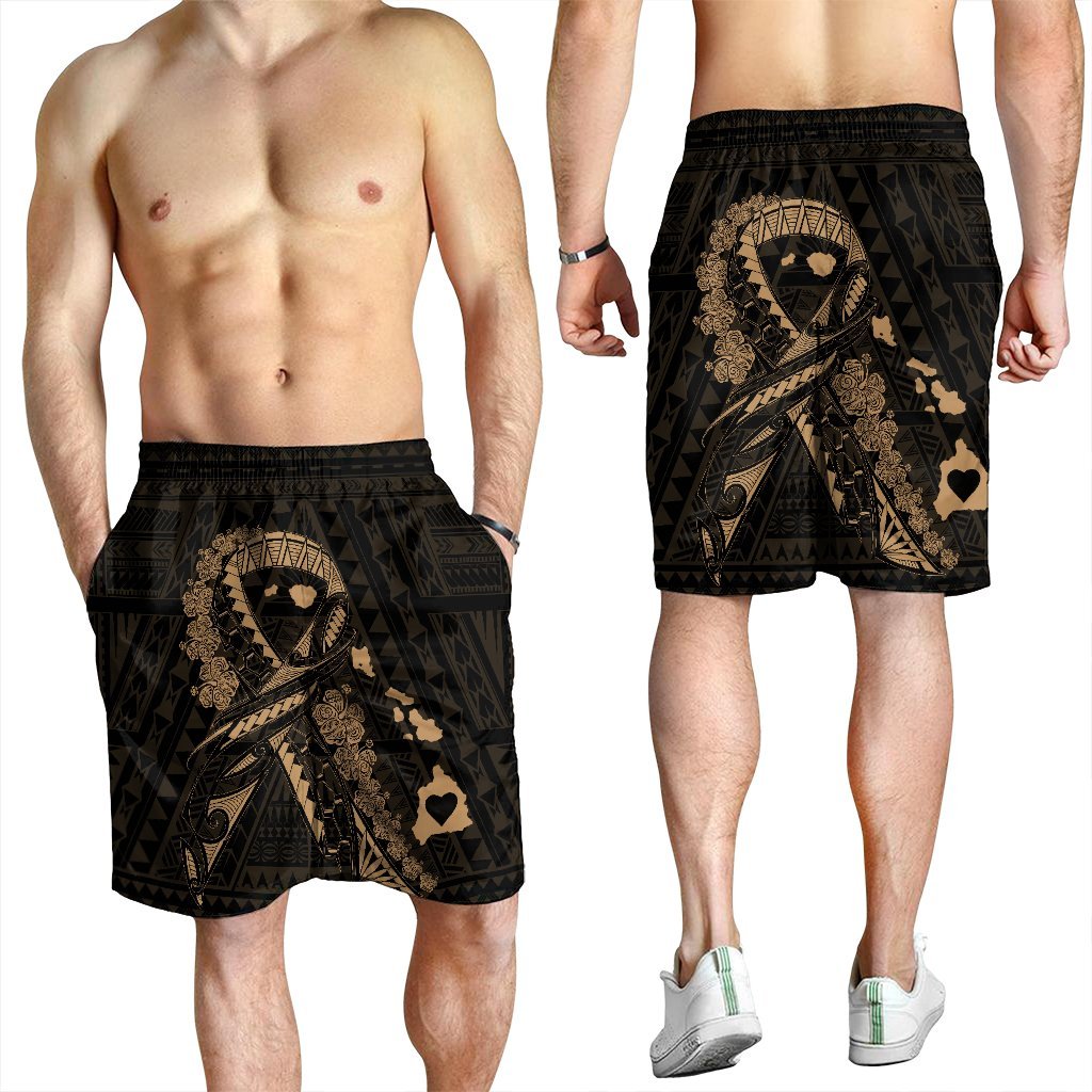 Hawaiian Map Heart Ribbon Cancer Hibiscus Gold Polynesian Men's Shorts - AH - Polynesian Pride