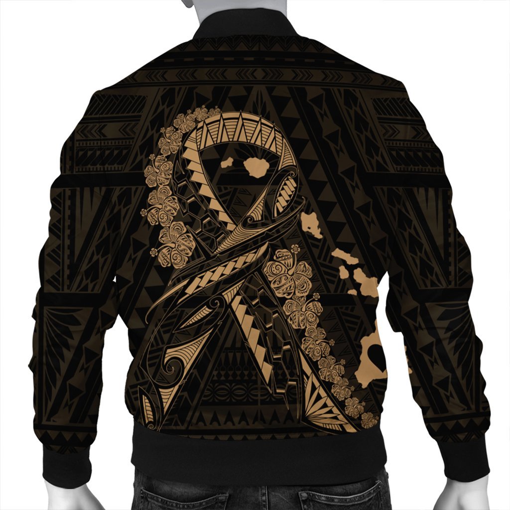 Hawaiian Map Heart Ribbon Cancer Hibiscus Gold Polynesian Bomber Jacket - AH - Polynesian Pride