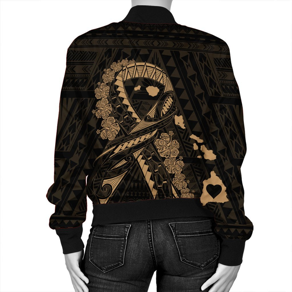 Hawaiian Map Heart Ribbon Cancer Hibiscus Gold Polynesian Bomber Jacket - AH - Polynesian Pride