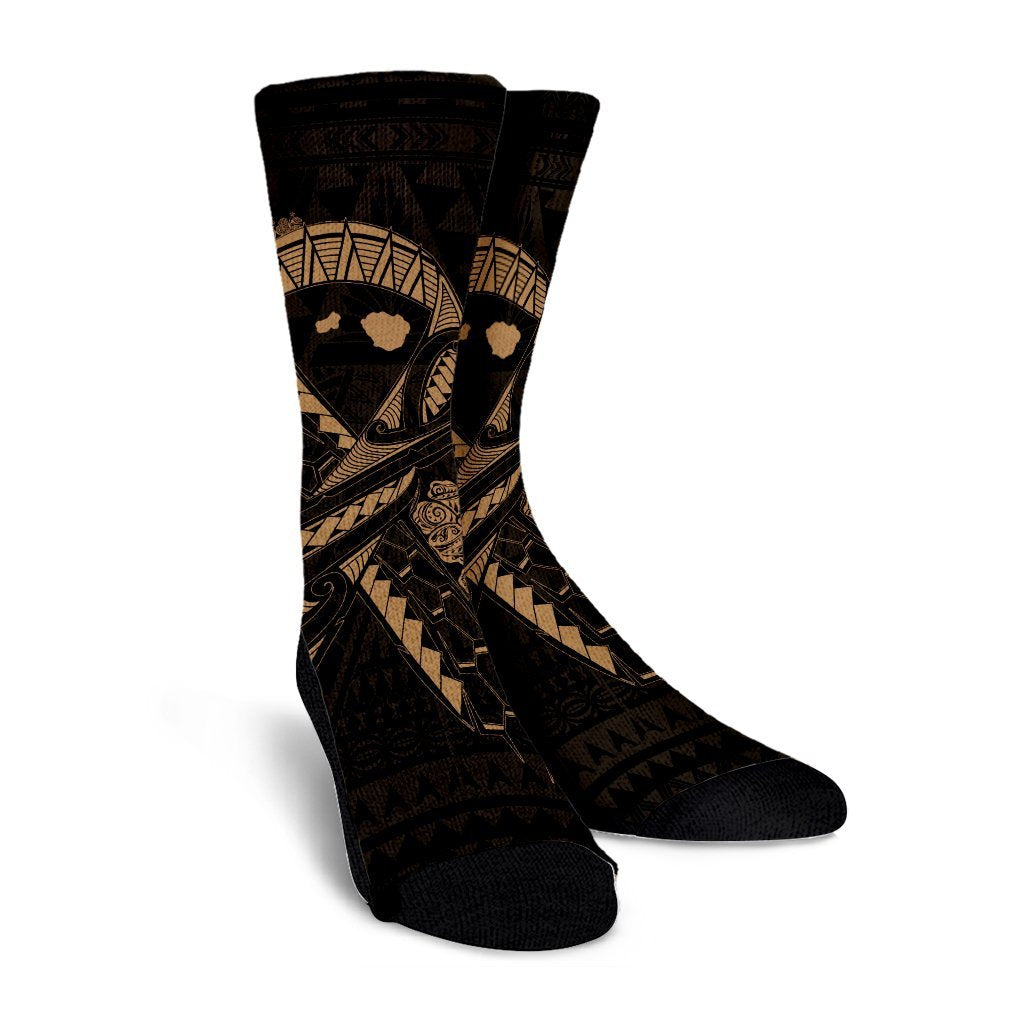 Hawaiian Map Heart Ribbon Cancer Hibiscus Gold Polynesian Crew Socks - AH - Polynesian Pride
