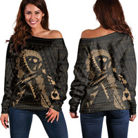 Hawaiian Map Heart Ribbon Cancer Hibiscus Gold Polynesian Women's Off Shoulder Sweater - AH Black - Polynesian Pride