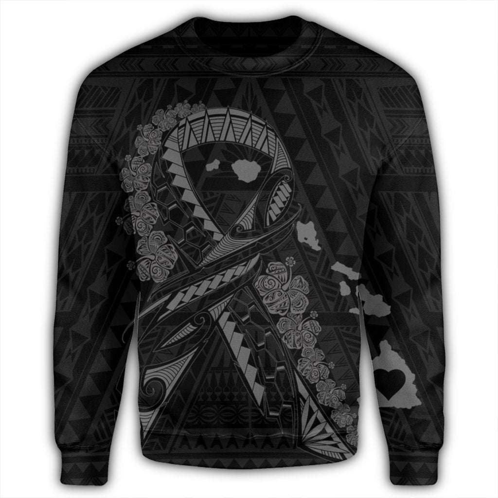 Hawaiian Map Heart Ribbon Cancer Hibiscus Gray Polynesian Sweatshirt - AH - Polynesian Pride
