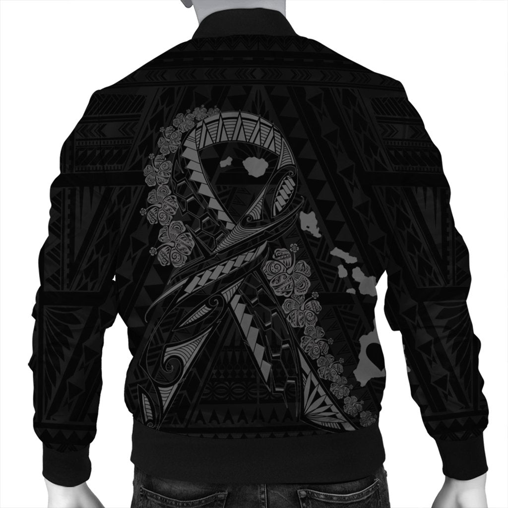 Hawaiian Map Heart Ribbon Cancer Hibiscus Gray Polynesian Bomber Jacket - AH - Polynesian Pride